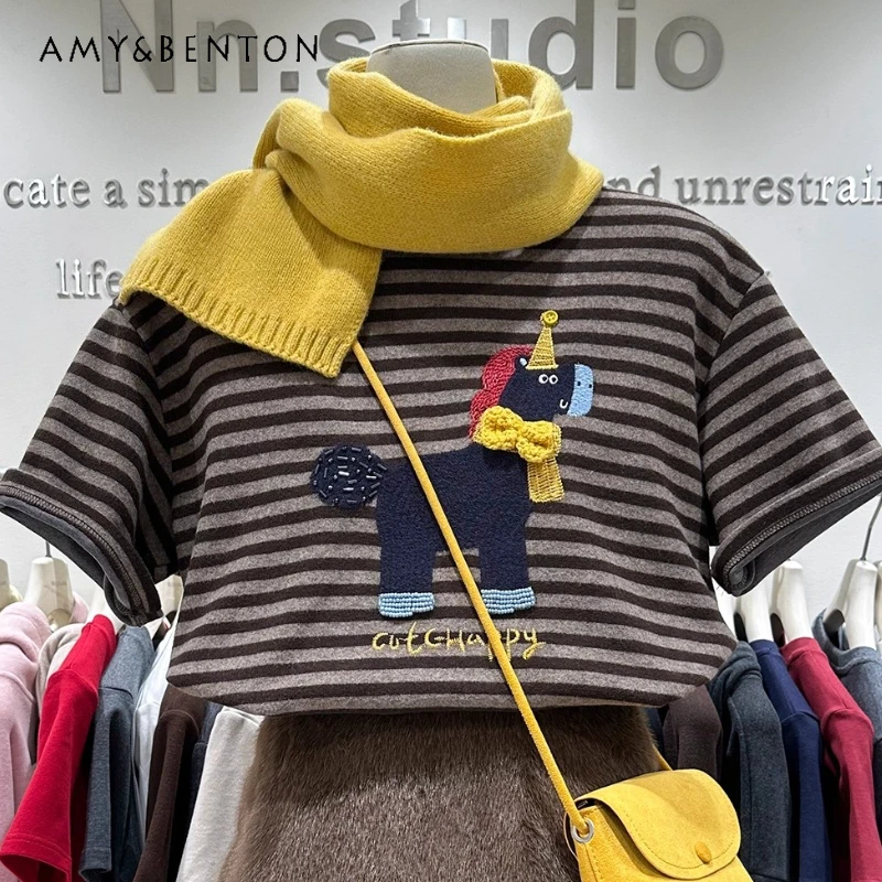 

New Year Horse Thickened Brushed Cotton Tees Women's Autumn Winter Stylish Striped Loose Slimming Layered Short Sleeved T-shirt