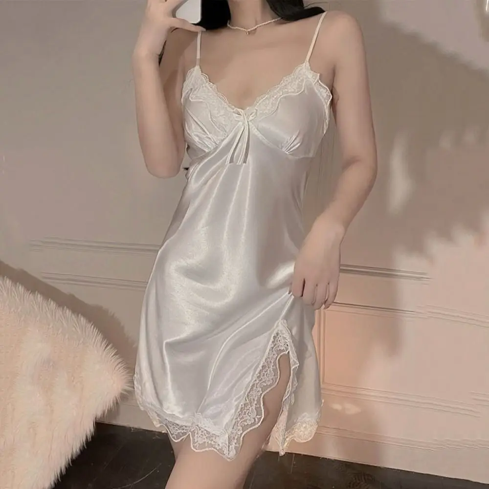 

Lace Bow Women's Pajama Dress Sleeveless Split Ice Silk Suspender Nightdress Sleepwear Party Dress Slim Sling Nightgown Female