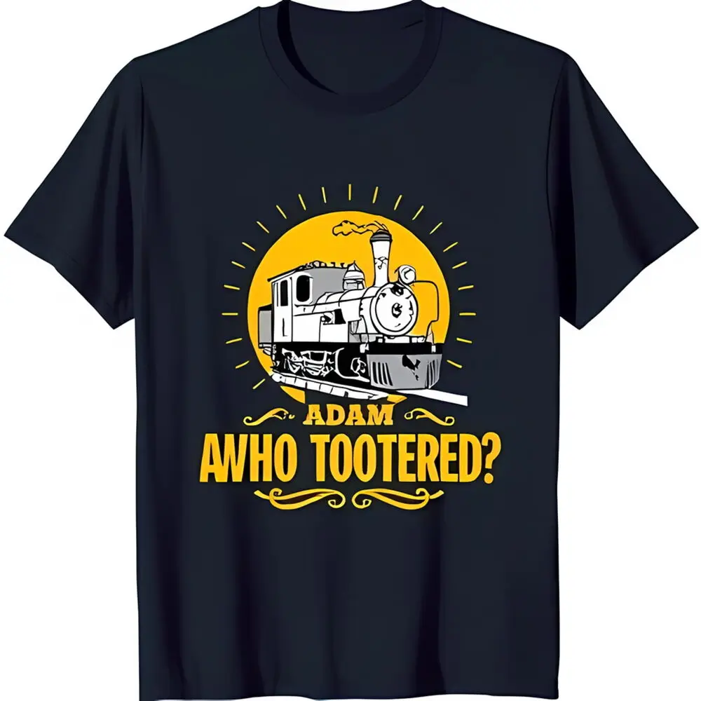 Whimsical Black T-Shirt with Cartoon Graphic & 'Adam Who Tooted?' Design