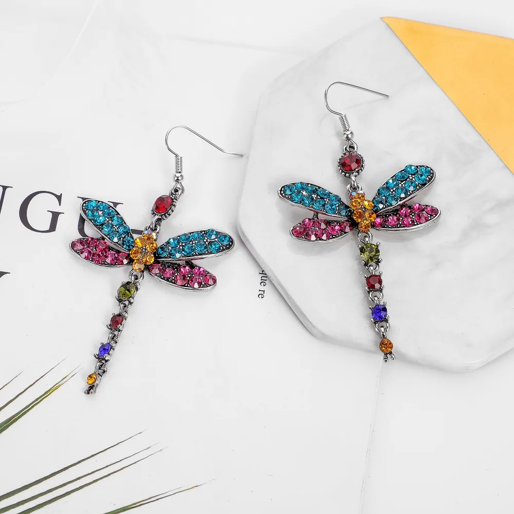 Vintage Multi-color Rhinestone Dragonfly Earrings For Women Ethnic StyleTemperament Fashion Dangle Earrings New Jewelry Gifts