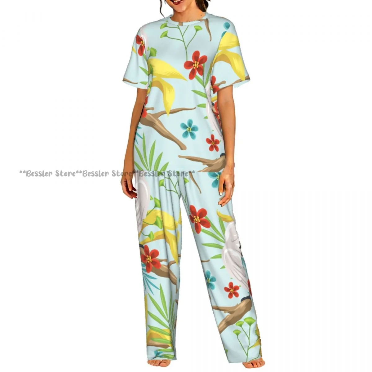 

Комплект пижамы с тропическими листьями и попугаями, женская домашняя одежда с короткими рукавами