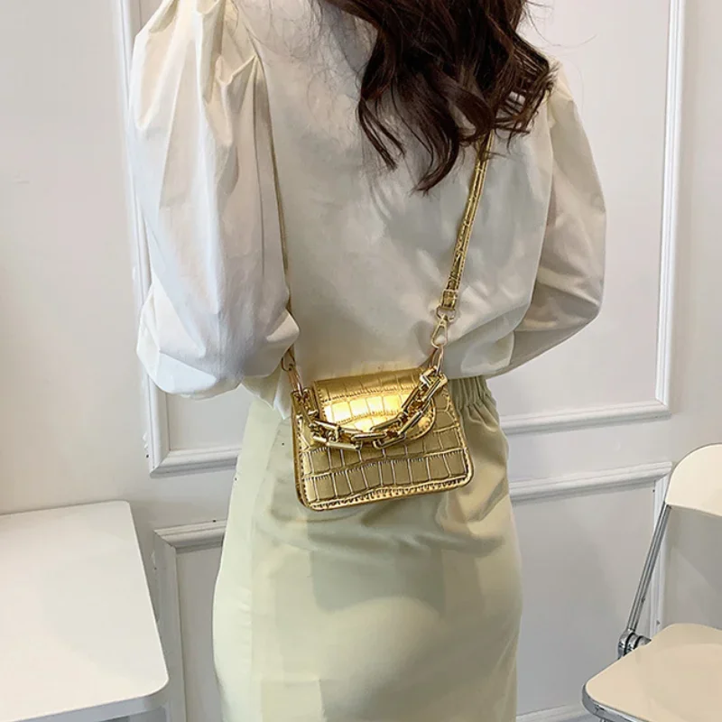 Ins New Gold Silver PU Leather Shoulder Crossbody Small Bag Fashion Mini Chain Lipstick Bag Trend Bags for Women Cute Coin Purse