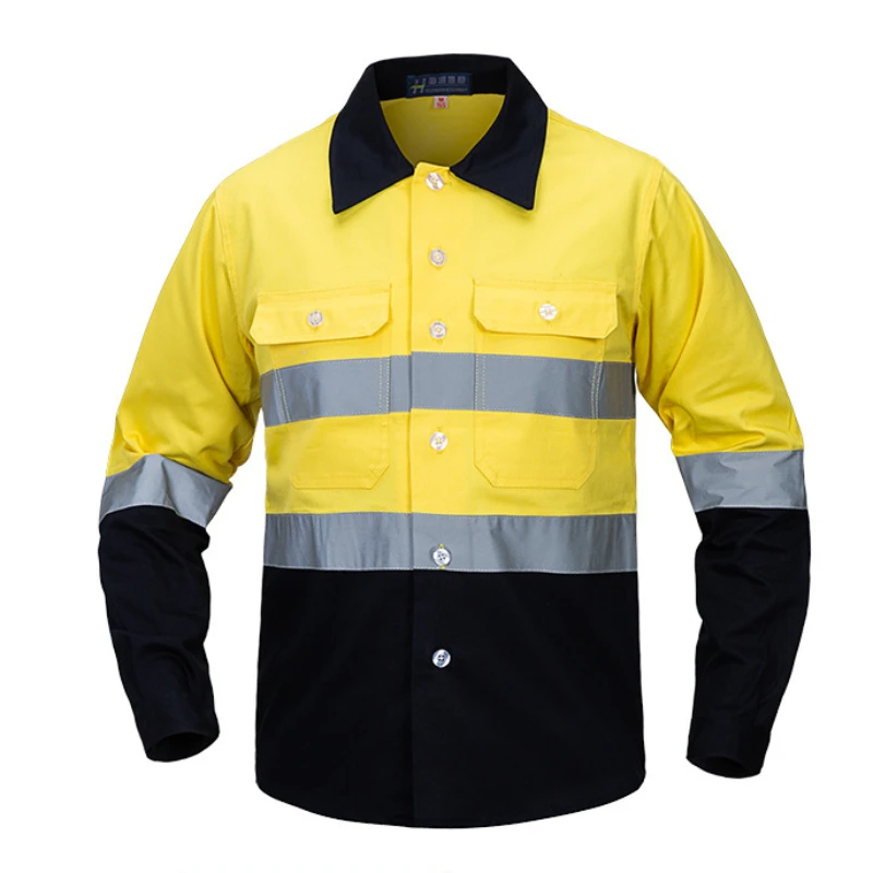 Men Reflective Stripe Cotton Shirt Big Size S-4XL Safety Breathable Wear-resistant Lapel Work Wear Multi Pocket Long Sleeve Top