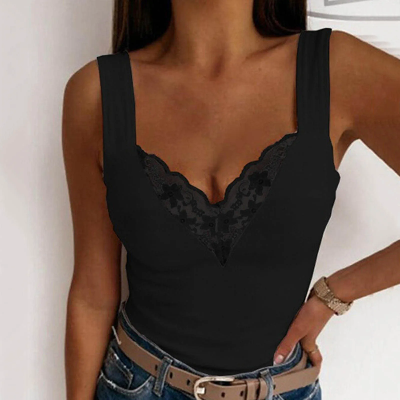 

Sexy Lace Tank Tops Women V-Neck Top T-Shirt For Women Casual Hollow Out Basic Camisole Female Perspective Vest Sleeveless