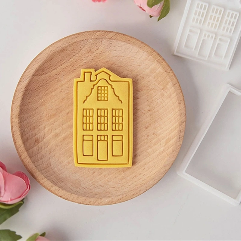 Pemotong Kue Rumah Antik Cetakan Biskuit Kartun Dapat Ditekan Stempel Kue Plastik Alat Memanggang DIY Mudah Dibersihkan