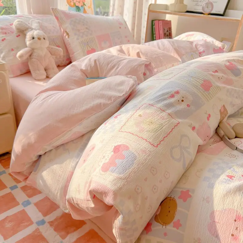 Cute Bedding Set with Floral Ins Duvet Cover Flat Sheet Pillowcases No Filler Girls Single Queen Size Hotel Home Bed Linens