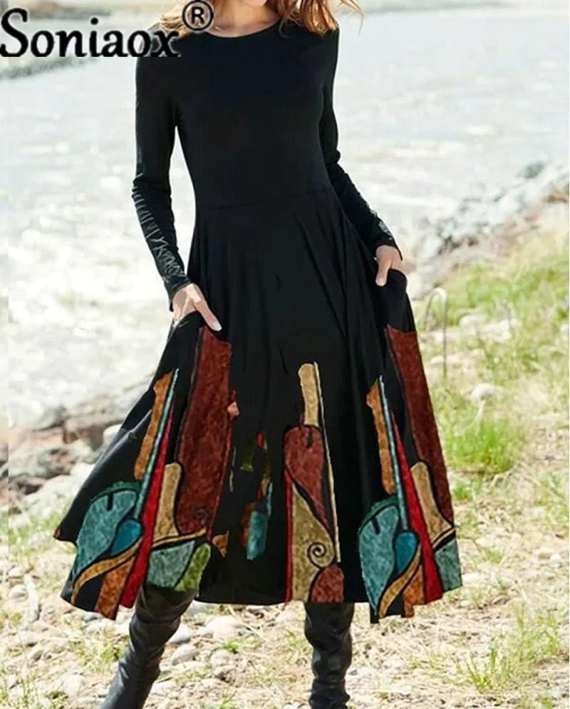 Vintage Boho Gradient Printed Midi Long Dress Autumn Winter Elegant High Waist Pocket Long Sleeve A-line Female Street Dresses 5