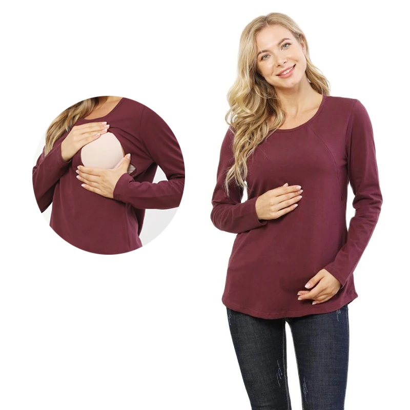 Spring Autumn Breastfeeding T-shirt Long Sleeve Maternity Tops Soft Cotton Pregnant Clothes Plus Size Good Stretch Nursing Wear