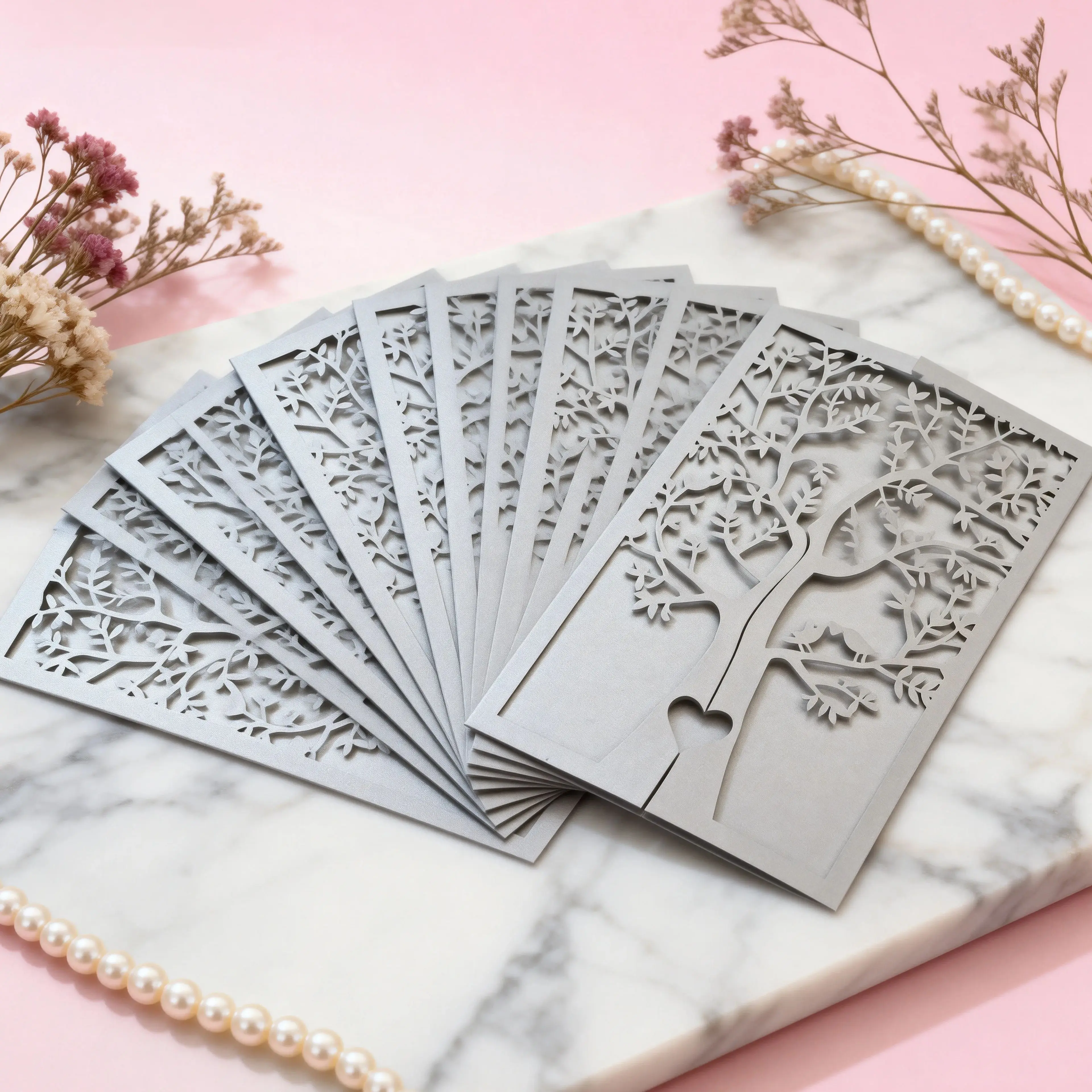 

10pcs Elegant Pearl Paper Laser Cut Wedding Invitation Cards,Hollow Tree Design Greeting Card for Birthday,Anniversary Supplies