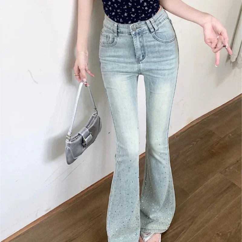 2025年秋 レディース ヴィンテージ フレア ジーンズ ラインストーン付き ベルボトム デニムパンツ ストリートウェア Y2K グランジ オリジナル ストレッチ トラウザーズ