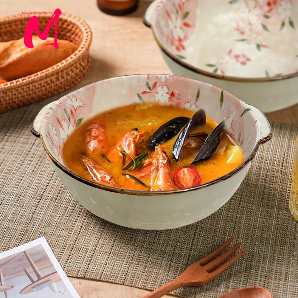 8,25 zoll Japanische Keramik Suppe Schüssel Doppel Ohr Salat Pasta Schüssel Suppe Schüssel Haushalt Mikrowelle Geschirr