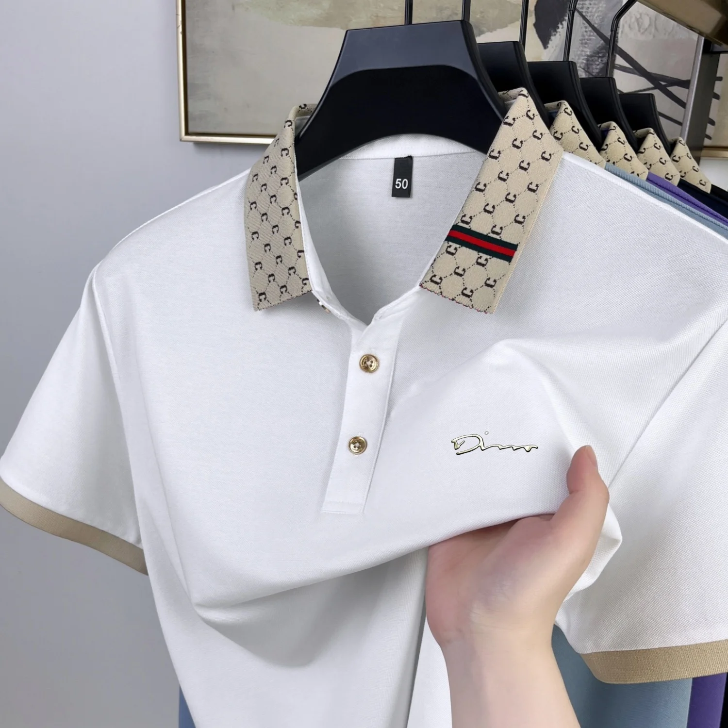 

Luxury brand emboss short sleeve polo shirt summer breathable comfort trend T-shirt personality letter jacquard lapel men's wear