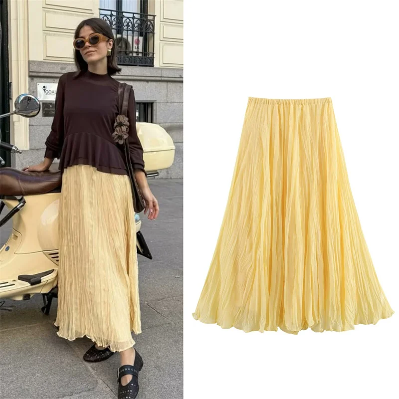 

Women's skirt New summer 2025 yellow pleated skirt Summer small fresh fashion and versatile dazzling