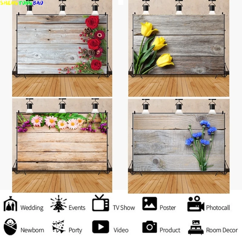 

Vinyl Custom Spring Flower Wood Board Photography Backdrops Photo Studio Props Wooden Floor Doll Studio Background NM-01