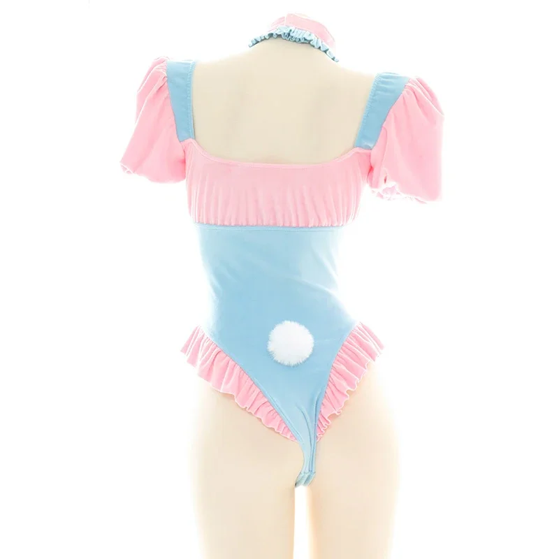 Lolita Blue Pink Puff Sleeve Bodysuit Cute Cat Ears Ruffle Swimwear Japanese School Girl Cosplay Sukumizu Maid Uniform Drop Ship