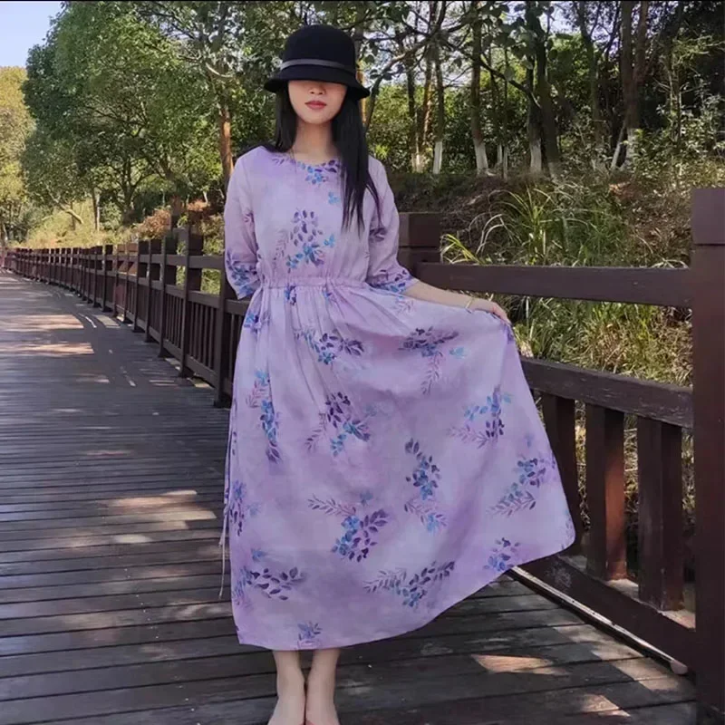 50X140cm Wisteria flower natural ramie digital printed women's breathable wholesale clothing fabric summer new Long dress robe