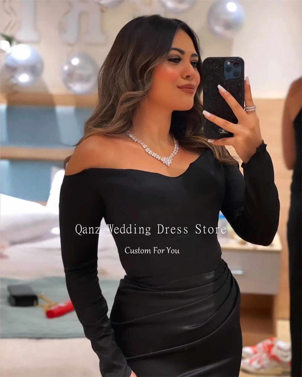 Qanz-Robe de Soirée Noire en Satin à Manches sulfpour Femme, Tenue Éducative Personnalisée