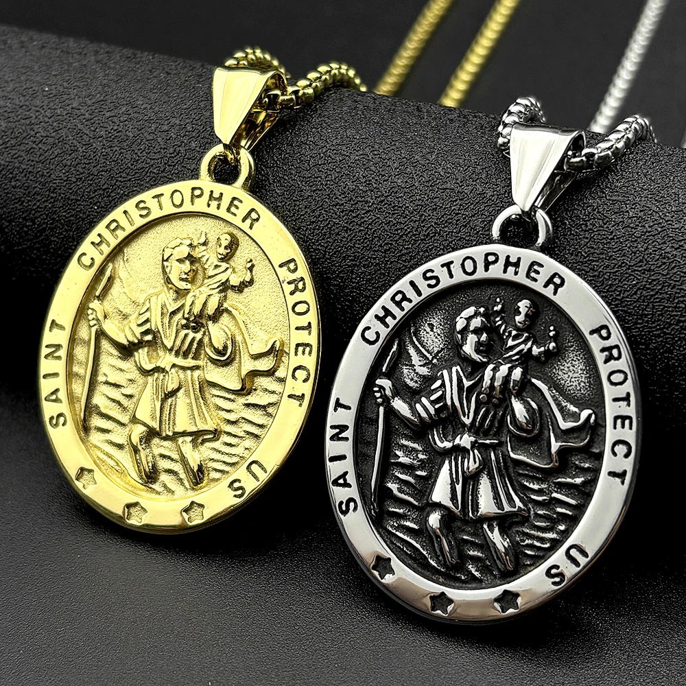 Saint Christopher Protect Us Cross Medal Necklace Stainless Steel Archangel Saints Protection Amulet Necklaces Jewelry NZZ303S05
