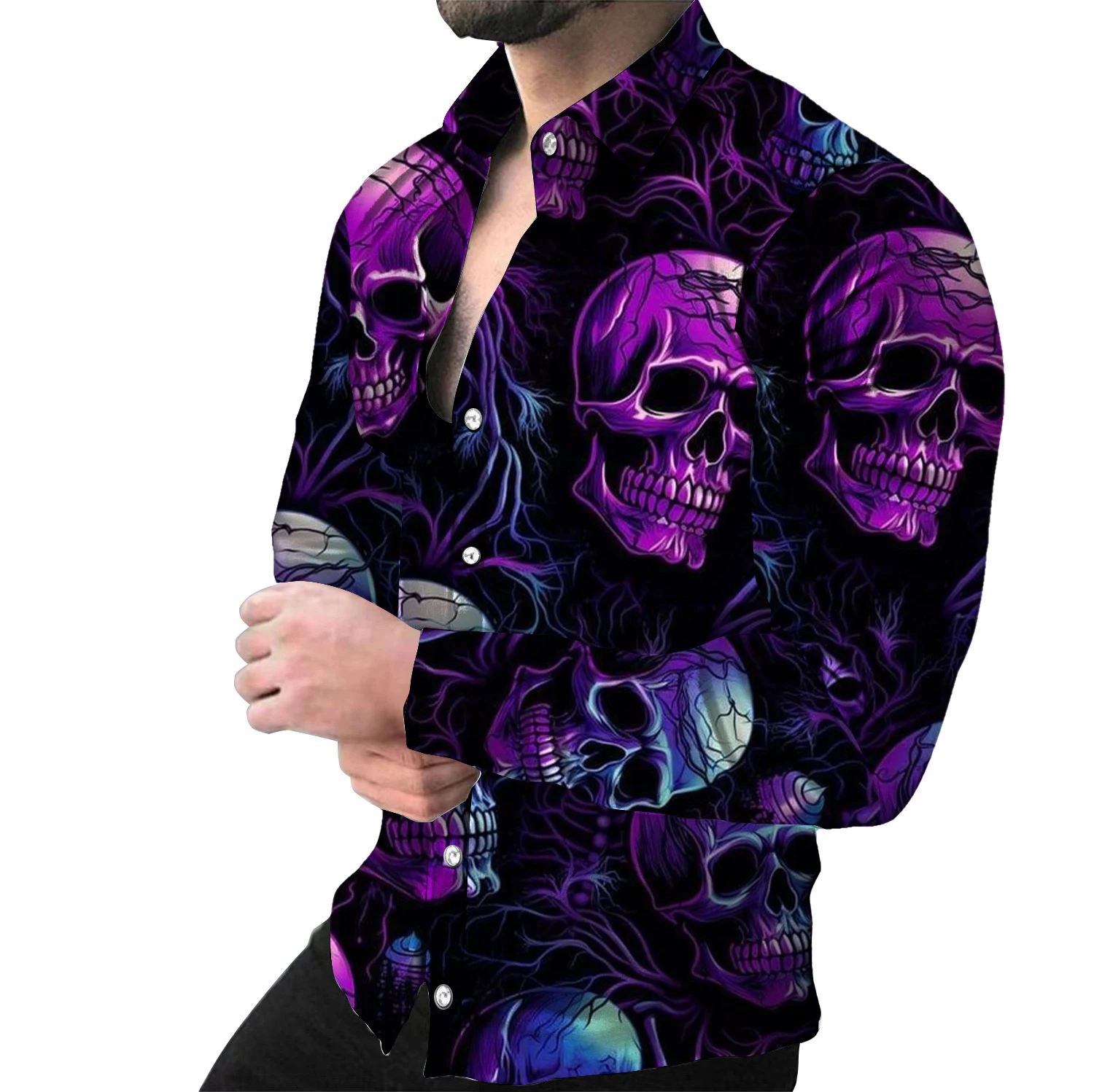 Fashionable men\'s long sleeved button up shirt, 3D full skull print, Spring and Autumn fashion, special gift