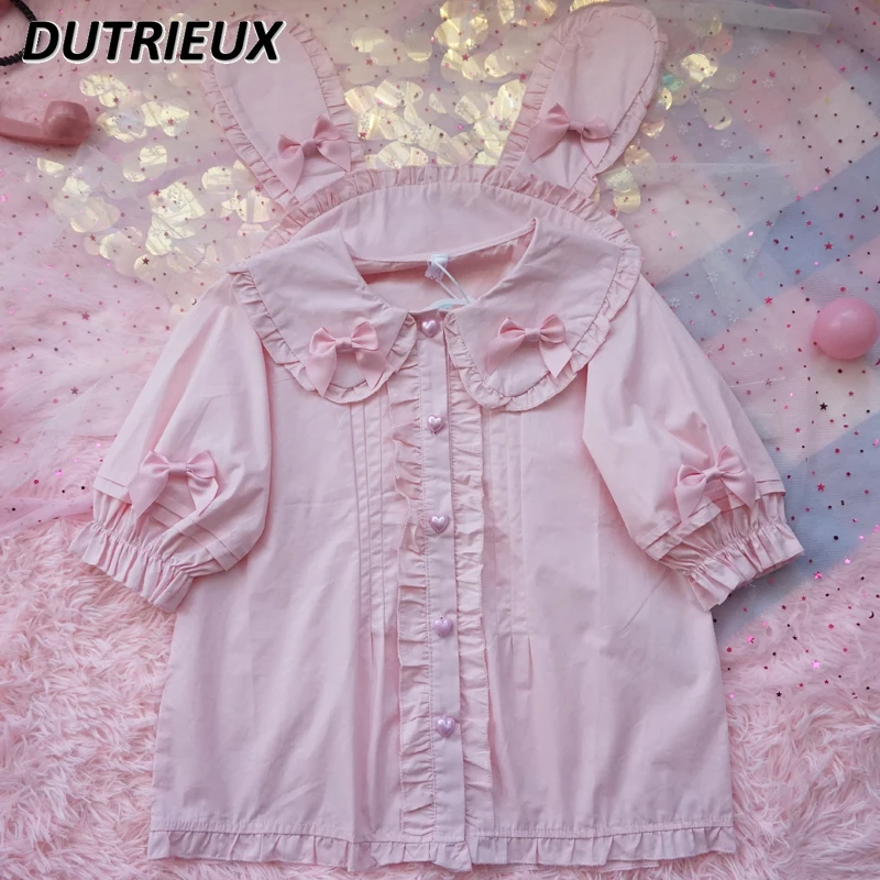 Lolita Sweet Inner Wear Blouse Cute Rabbit Ears Bow Short Sleeve Shirt Student Loose Slimming Flounce Solid Color Womens Tops