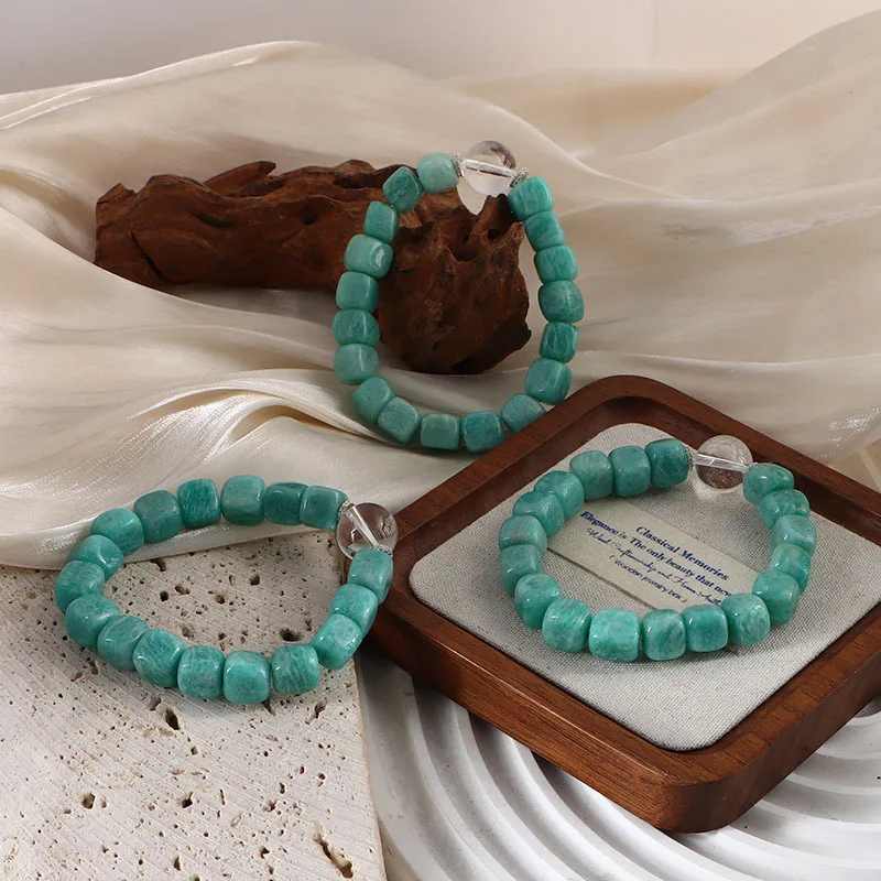 Minar Temperament 9-14mm Green Color Square Natural Stone Crystal Elastic Strand Bracelets for Women Lady Wholesale Accessories