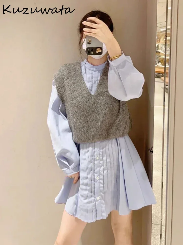 

Kuzuwata Puff Sleeve Shoulder Strapless Sweet Ruched Sets Shirt+v Neck Knit Casual Fresh Vest Japan Elegant Moda New Suits Dress