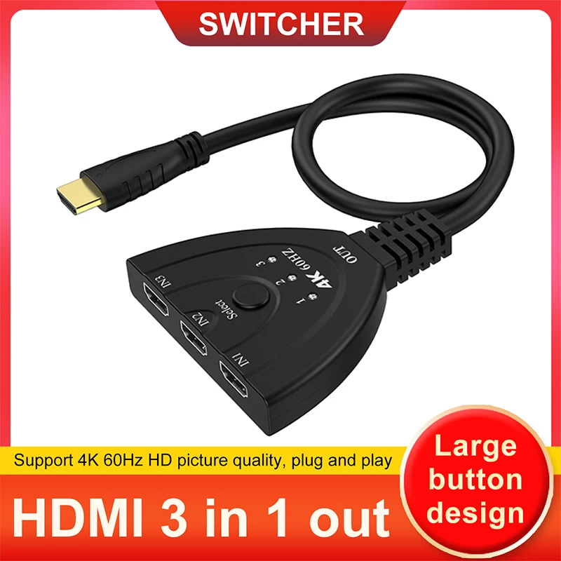 4K/60Hz 3 in 1 Out Port Hub HDMI-compatible 2.0 Switcher Splitter 4K/1080P Mini 3x1 Selector Box for DVD HDTV Xbox PS5 PS4