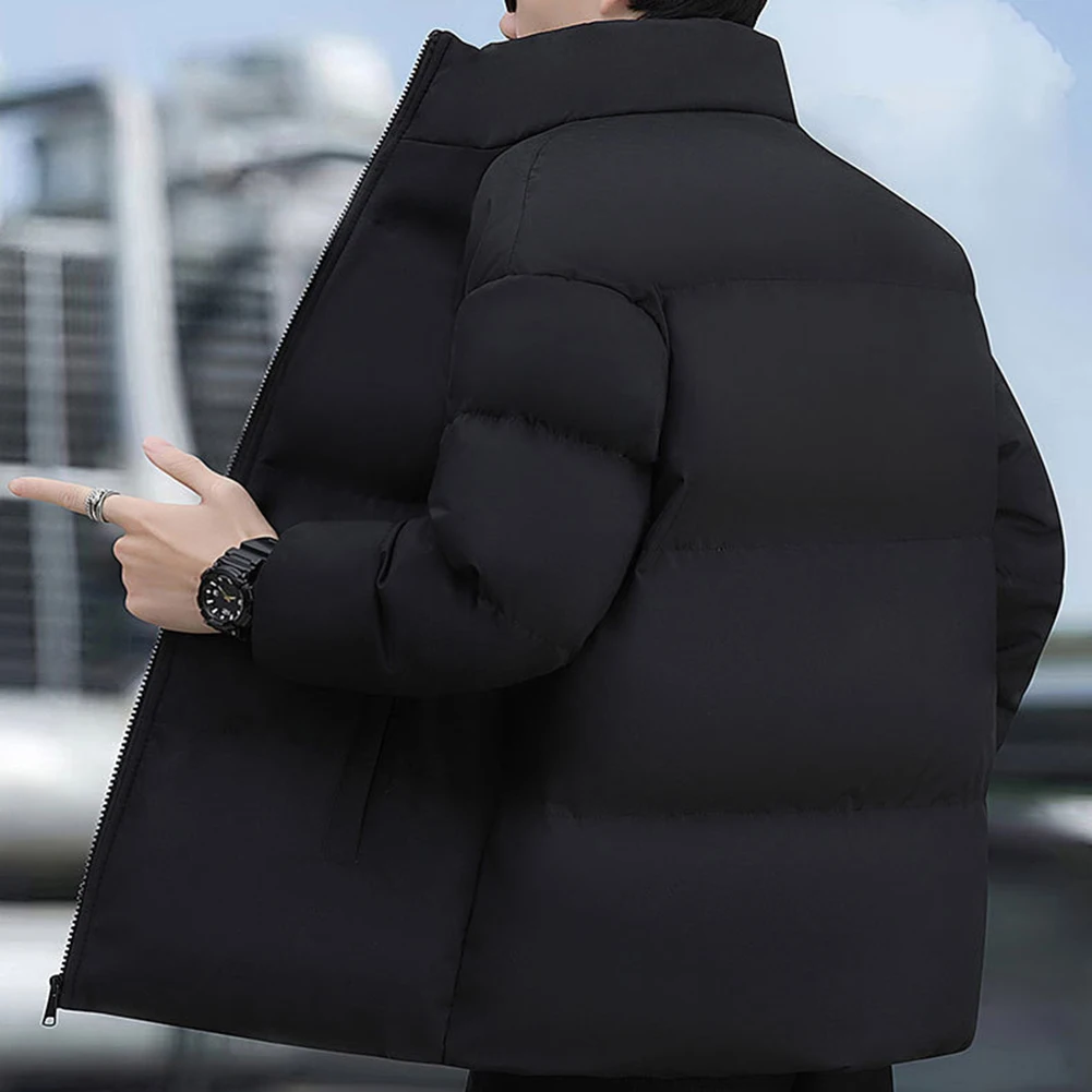 Men\'s Warm Thick Casual Parka Jacket with Stand Collar Solid Color Plus Size Outerwear Coat Ideal for Cooler Weather