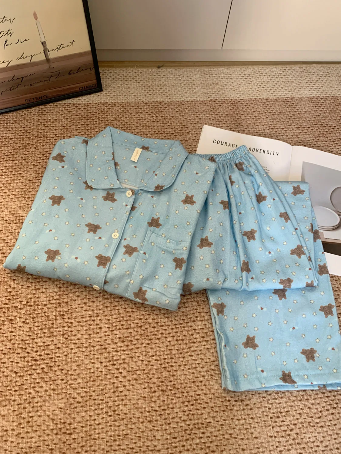 

Sweet Bear Star Print Cloud Cotton Sleepwear Women's Open Cardigan Long Sleeve Long Pants Adorable Home Clothes Set Outdoor W...