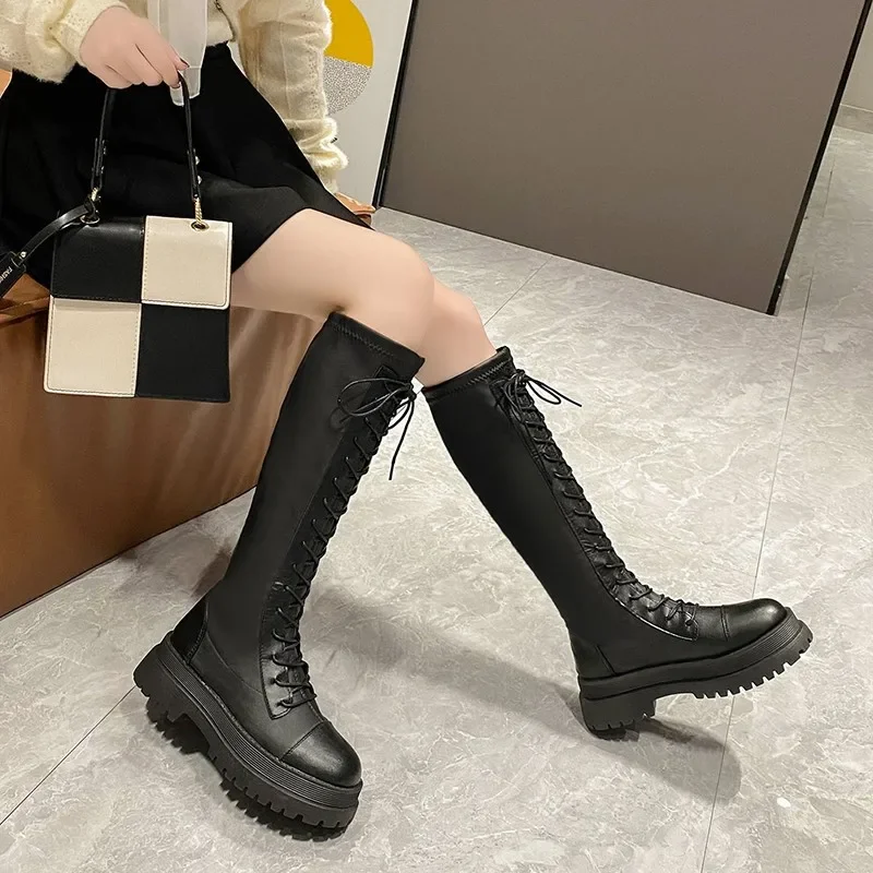 Women Punk Chunky Platform Motorcycle Boots Thick Bottom PU Leather Knee High Boots Woman Autumn Winter Black Long Botas Mujer