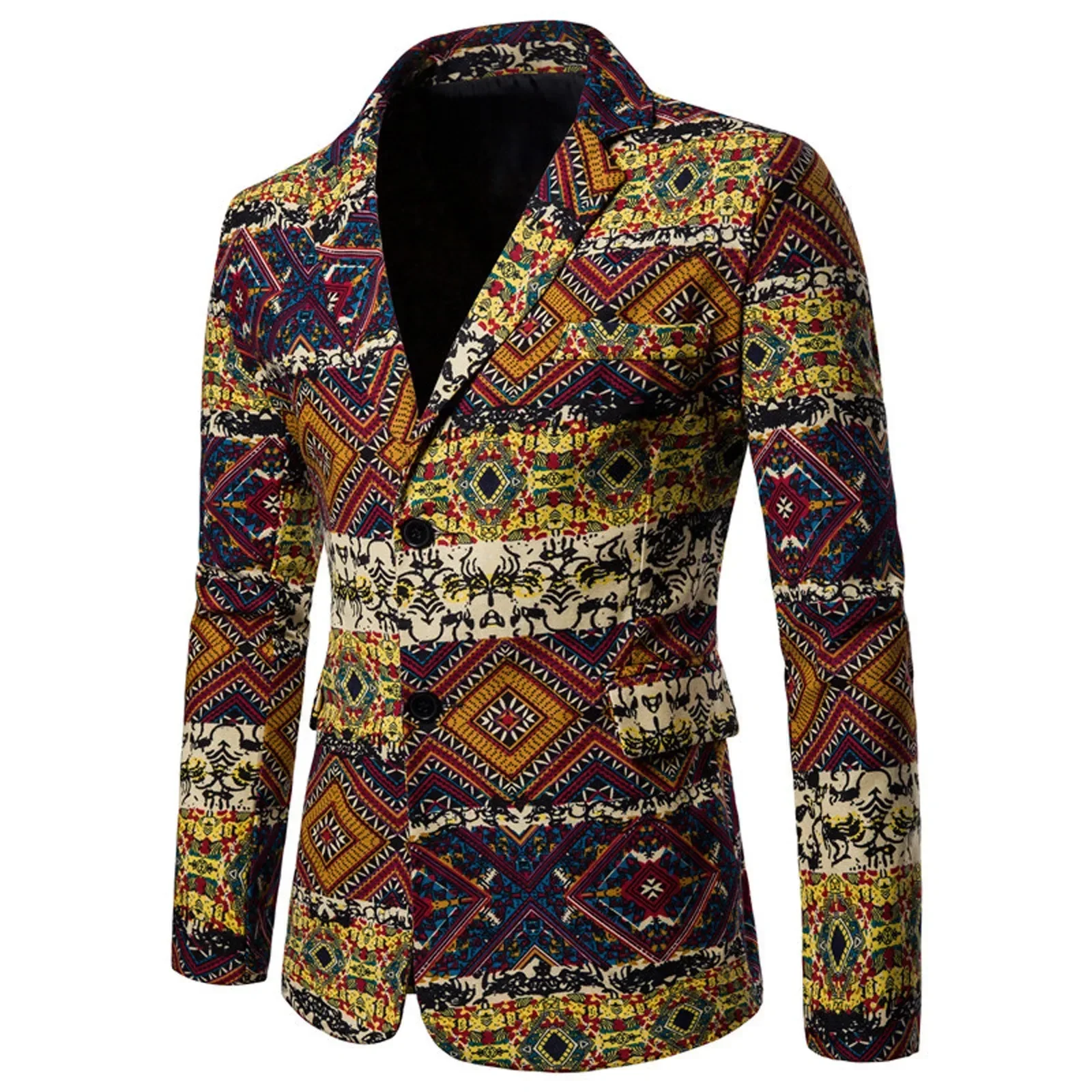 Ethnic Retro Style Printed Men's Suits Coats Autumn Winter Casual Two Button Lapel Blazers Long Sleeved Jackets Coat Outwear