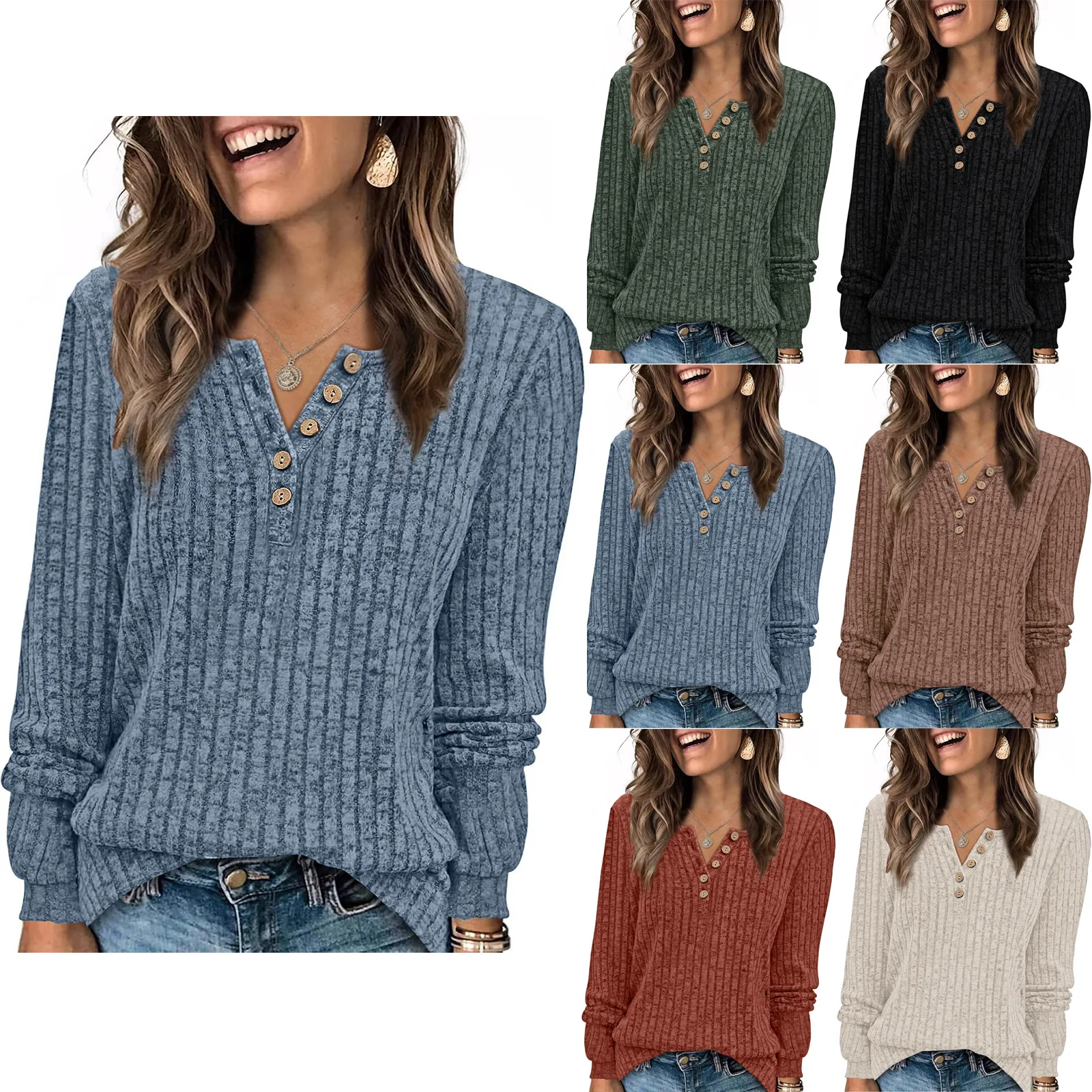 

Y2K New women's long-sleeved solid color T-shirt casual pullover v-neck pit strip loose long-sleeved button-spliced fashion top