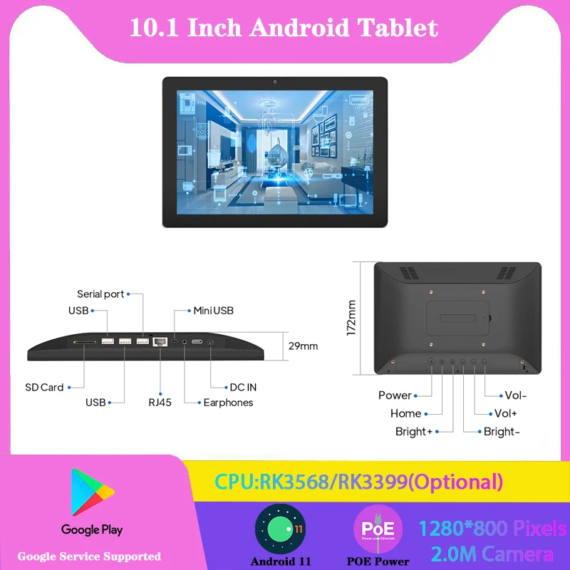 wall mounted 10.1 inch android poe tablet touch screen display with camera POE WIFI&BT RJ45  built-in speaker