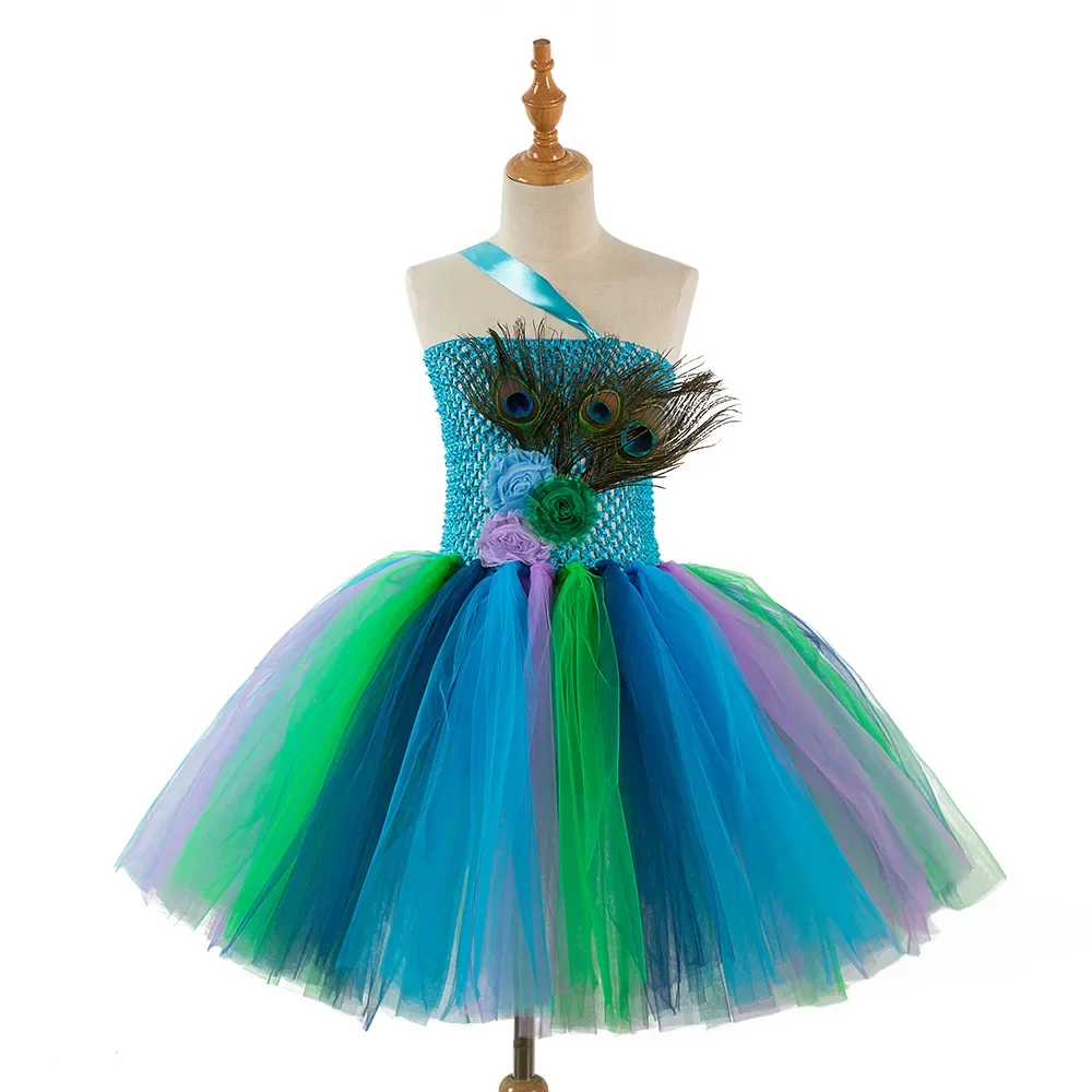 Flower Feathers Girls Peacock Tutu Dress Kids Tulle Princess Peacock Costume for Girls Pageant Halloween Birthday Party Gown