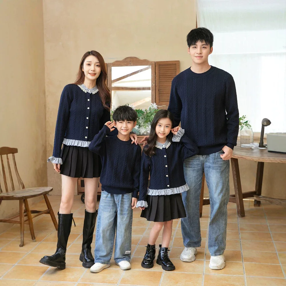 Family Matching Knit Sweater Blue Mom Daughter Lace Trim Cardigan Dad Son Pullover Couple Outfit Korean Parent Child Clothes