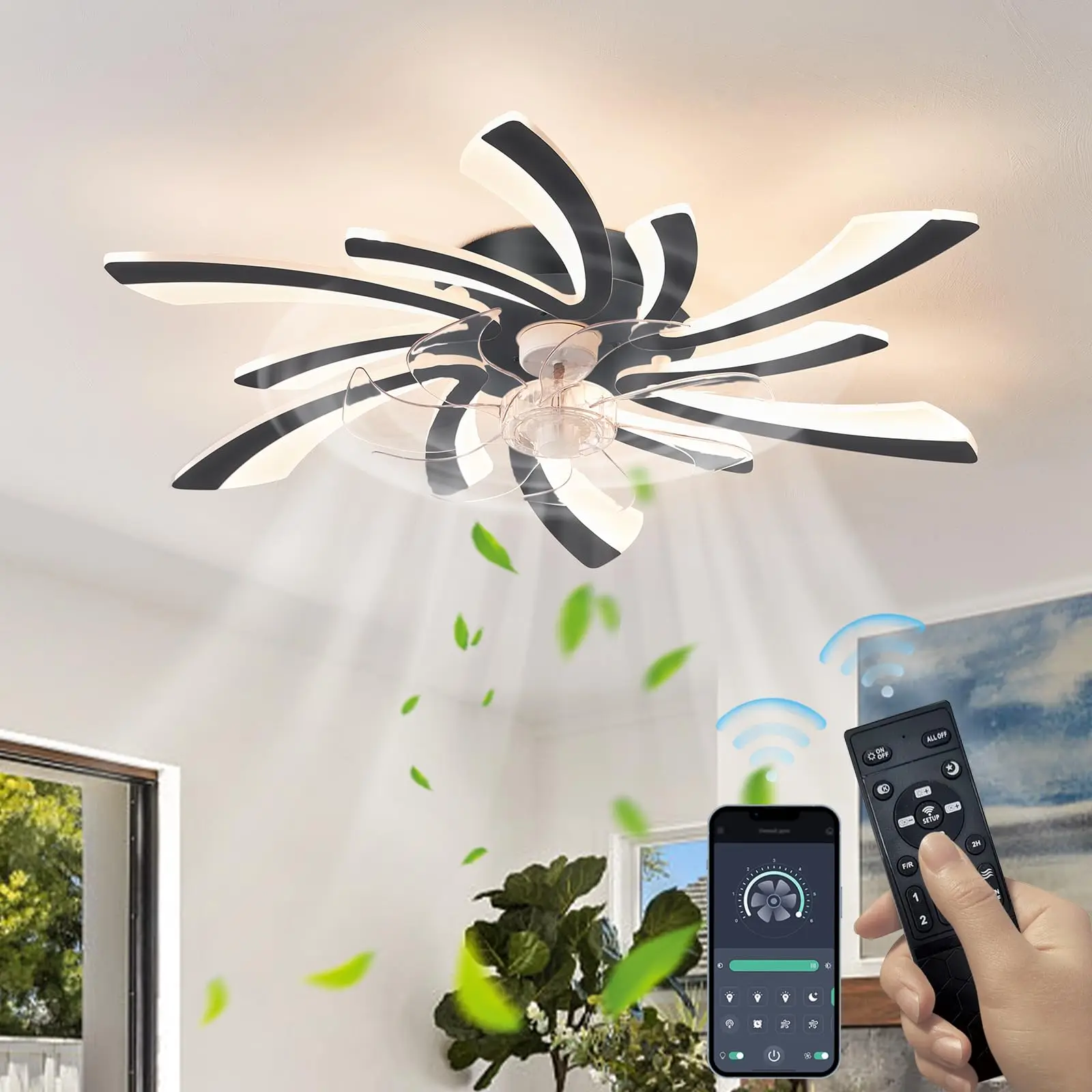 Adjustable ceiling fan light, 6-speed embedded ceiling fan, modern minimalist ceiling fan light, remote control and APP control