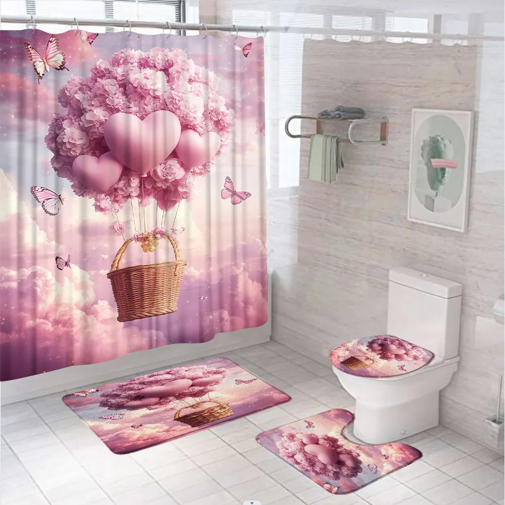 Flower Butterfly Hot Air Balloon Shower Curtain Set Bathroom Decor Valentine's Day Heart Pink Cloud Rug Bath Mat Toilet Cover