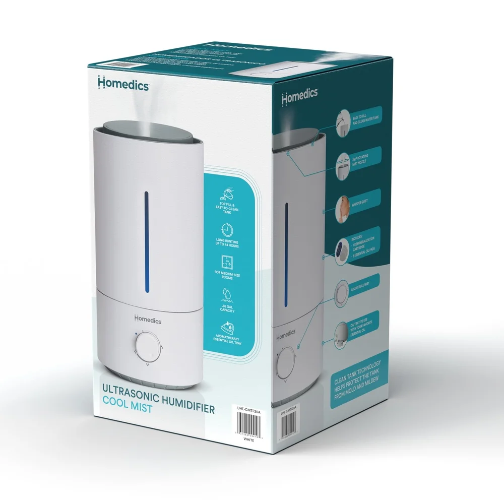 Ultrasonic Cool Mist Humidifier Top Fill with Essential Oil Tray 44 Hour Runtime Home Office 278 sq ft Coverage