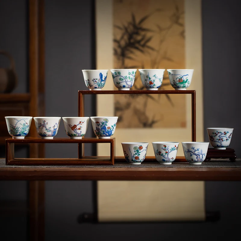 Yuyao Jingdezhen Handmade Vintage Porcelain Blue and White Color Fighting Hand Drawn Teaware the 12 Floras Kung Fu Tea Teacup Se