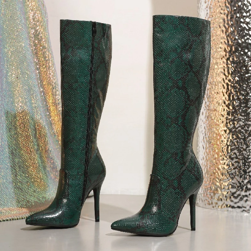 

Aneikeh Autumn Winter Knee-High Boots Woman Sexy Punk Style Snake Pattern Pointed Toe Zipper Thin High Heels Shoes Booties
