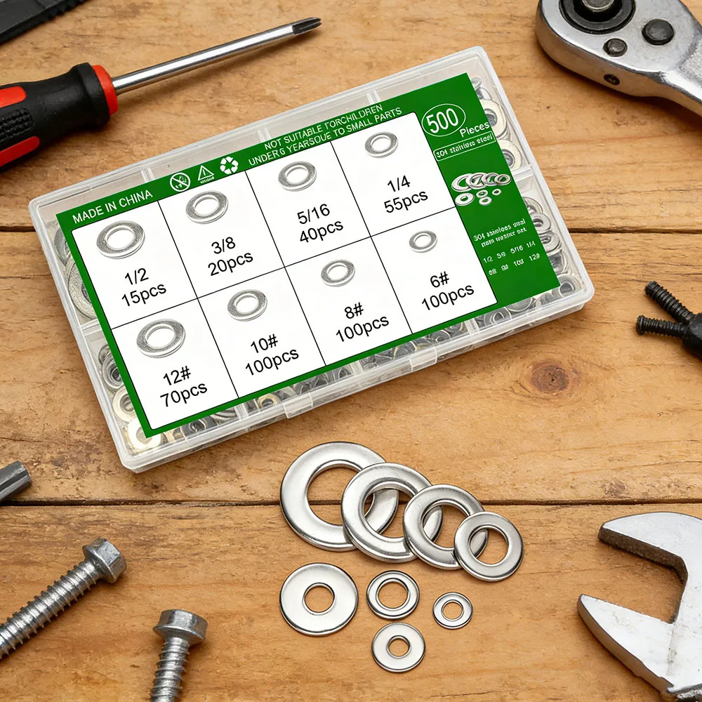 

500pcs 304 Stainless Steel Flat Washers Set (12#10# 8#6#1/2"3/8"5/16"1/4"),Plain Gaskets American Size rivets Washers Rings