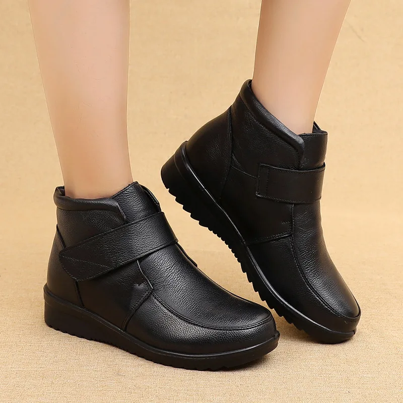 Winter Women Genuine Leather Flat Casual Ankle Boots Female Thick Plush Warm Snow Boots Mother Waterproof Non-slip Booties