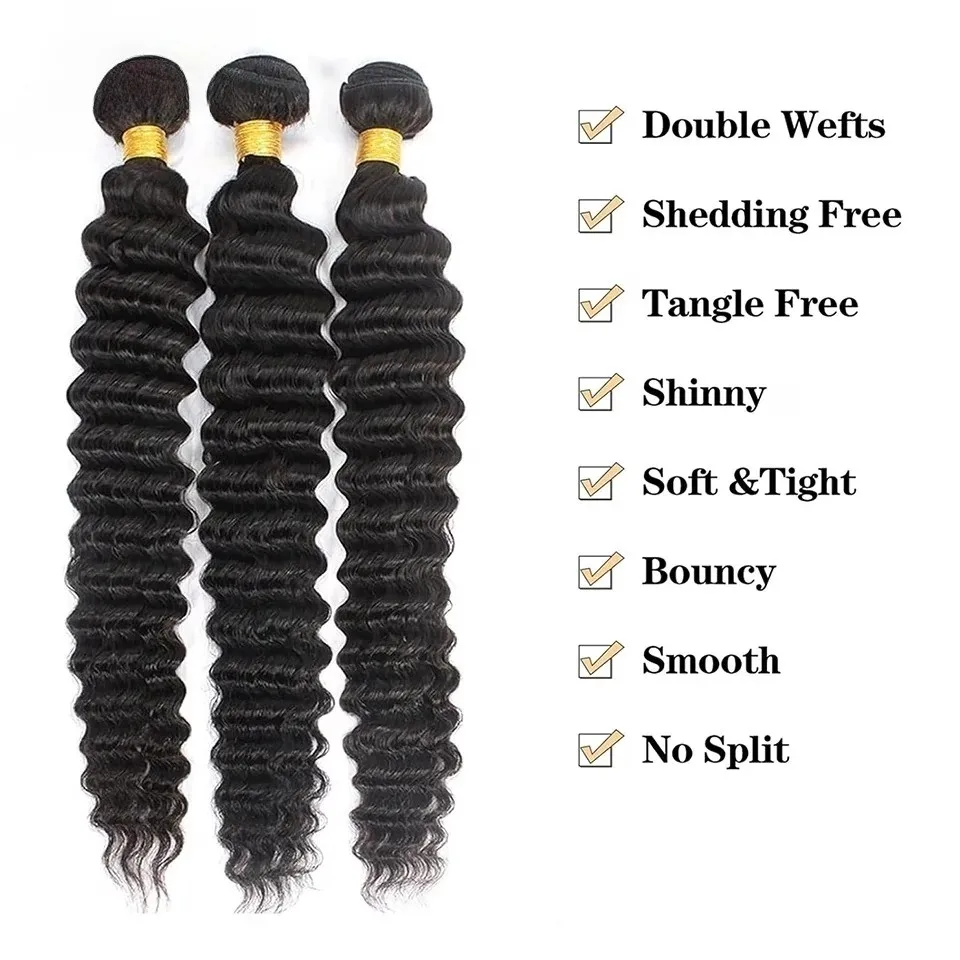Brazilian Virgin Human Hair Deep Wave Deep Curly Wave Bundles Sew In Quick Weave Ponytail Closure Extensions 14-30 Inches