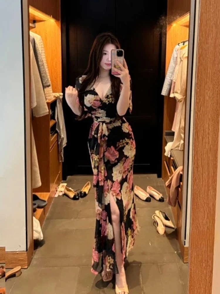 

Slightly FatmmHigh-End Sexy Lace-Up Floral Dress for Women Summer Design Sense Vacation Bodycon Long Dress