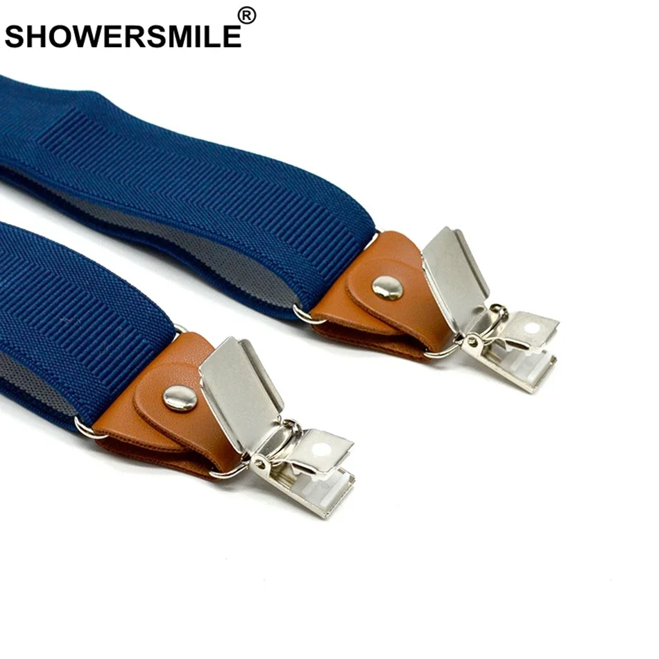 SHOWERSMILE Marineblaue Hosenträger für Hosen, 3 Clips, Herren-Hosengürtel, elastisch, verstellbare Hosenträger, breiter Riemen für Erwachsene, 120 cm, männlicher Hosenträger