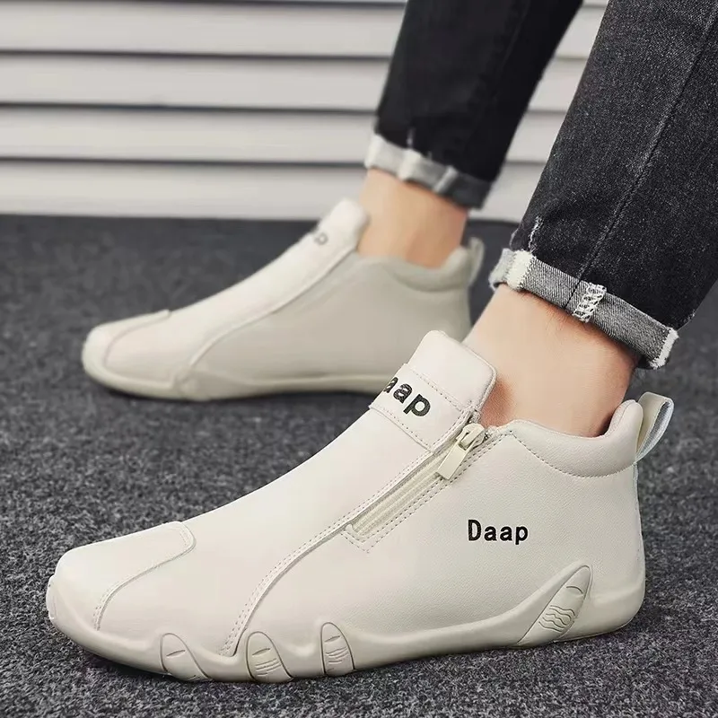 Heren Casual Schoen Mode Designer Lederen Enkellaarsjes Zachte Zool Rits Slip-On Instappers Voor Heren Effen Kleur Trend Flats Mocassin