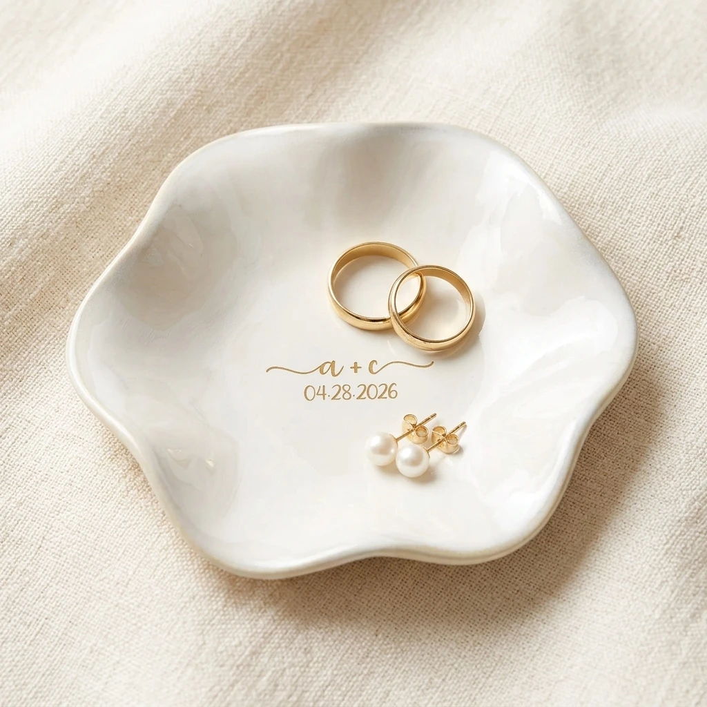 Personalized Wedding Ceramic Ring Dish, Custom Initials & Date Wavy Trinket Tray, Jewelry Holder Plate, Engagement Bridal Shower
