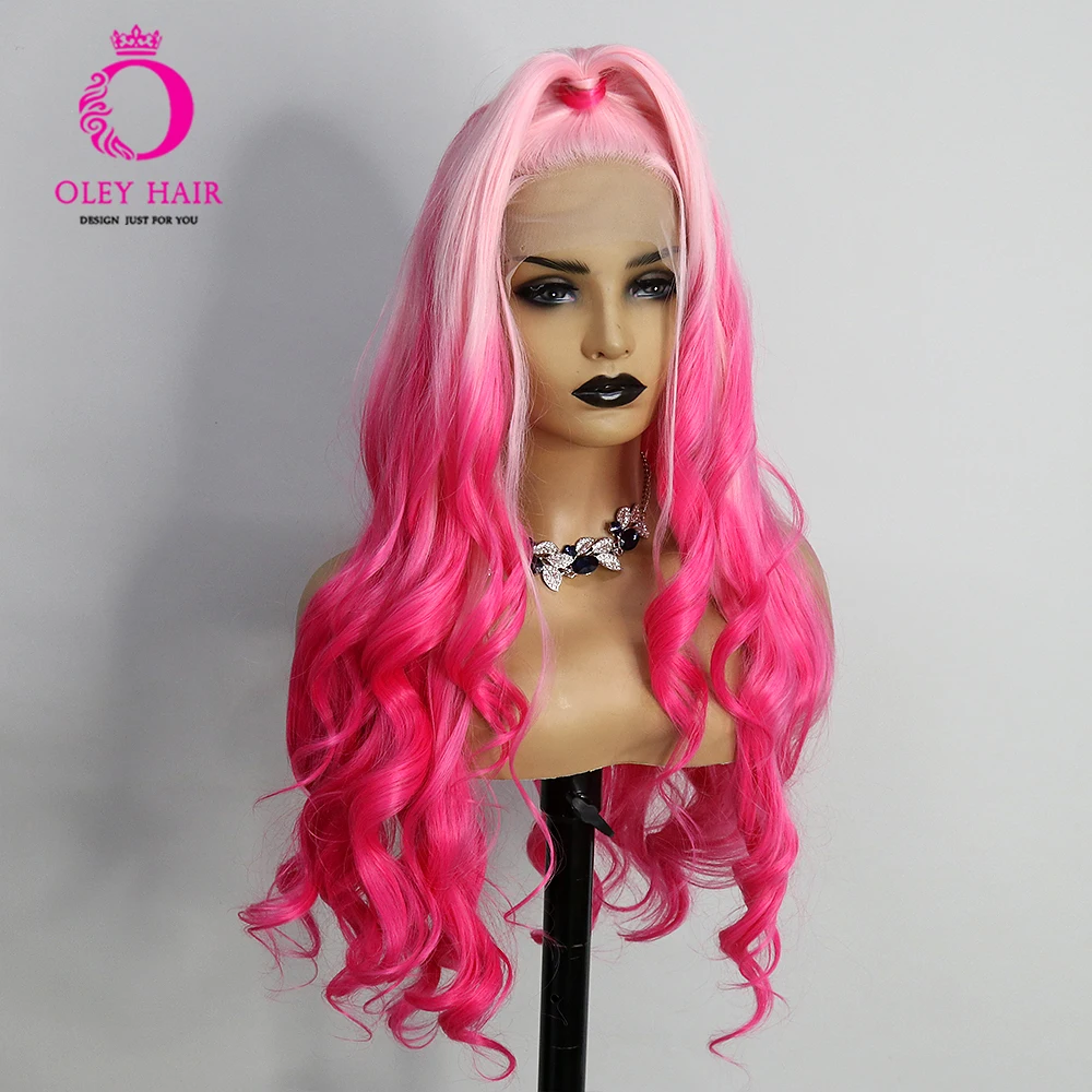 Ombre Pink Color 30 Inch Body Wave Synthetic 13x4 Lace Front Heat Resistant Preplucked Drag Queen Cospaly Wigs For Black Women