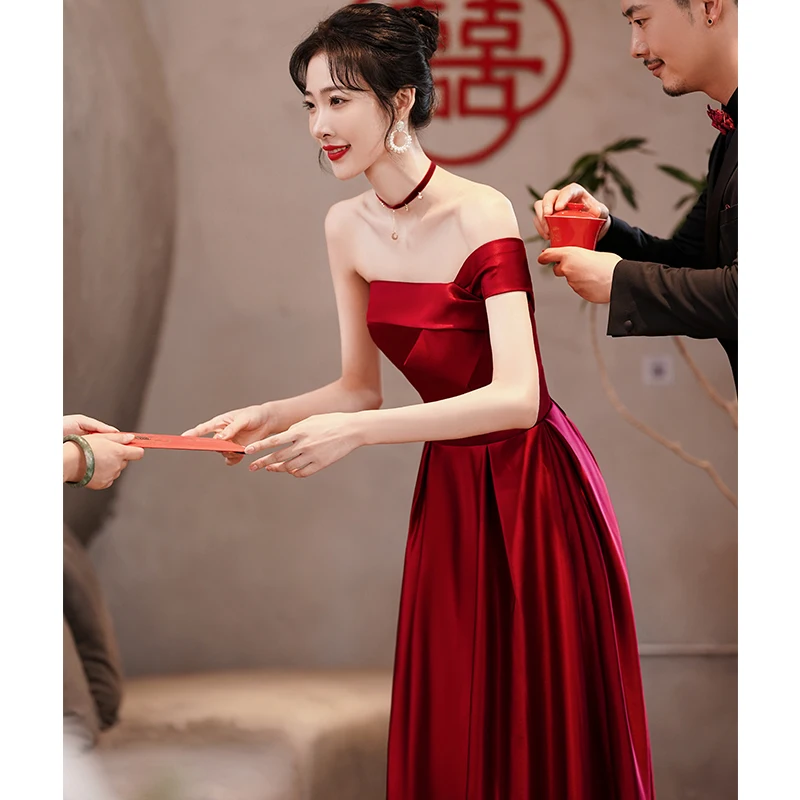 

Red Wedding Dr Single oulder Slimming Ele Satin Evening Gown for Bridal Tea Ceremony And Dinner Par Ocns
