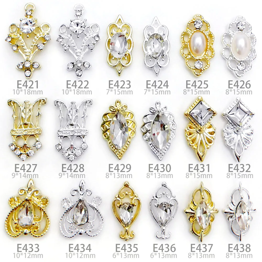 10 Pcs/lot 3D Alloy Nail Art Rhinestone Luxury Retro Baroque Design Nail Jewelry Hollow Lace Decorations Gold/Silver Charms